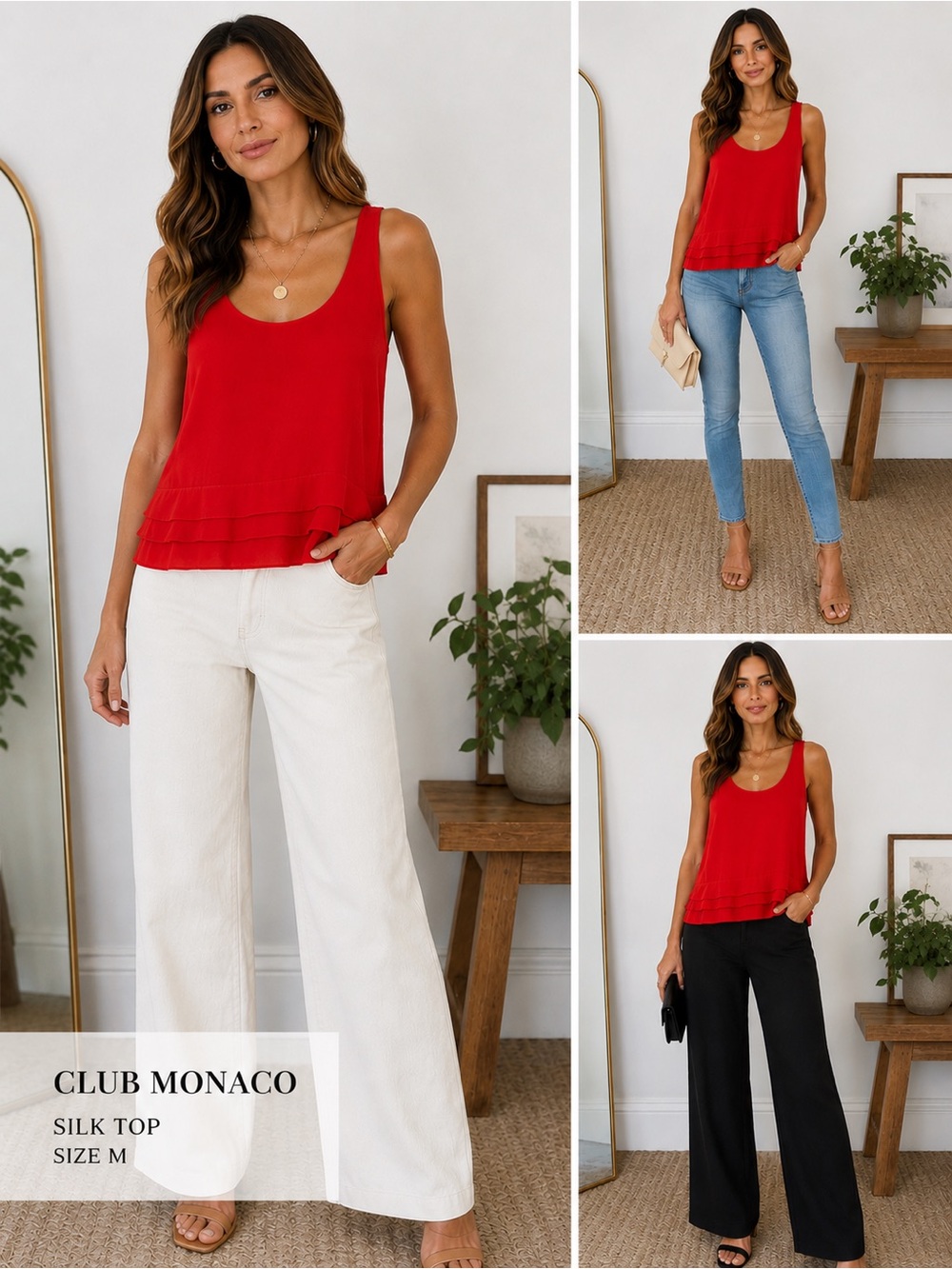 Club Monaco Red Silk Tiered Hem Tank